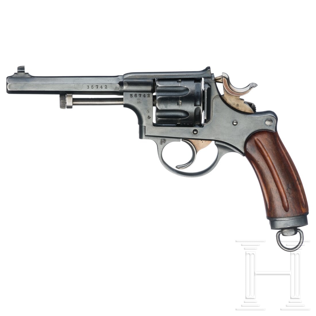 A Waffenfabrik Bern Mod. 1882: A Waffenfabrik Bern Mod. 1882Cal. 7,5mmSchweizRev., SN. 36742, nummerngleich (Serien- und Montagenummer). Blanker Oktagonallauf, Länge 11,5 cm. Sechsschüssig. Fertigung W+F. Privatisiert. Vollständ
