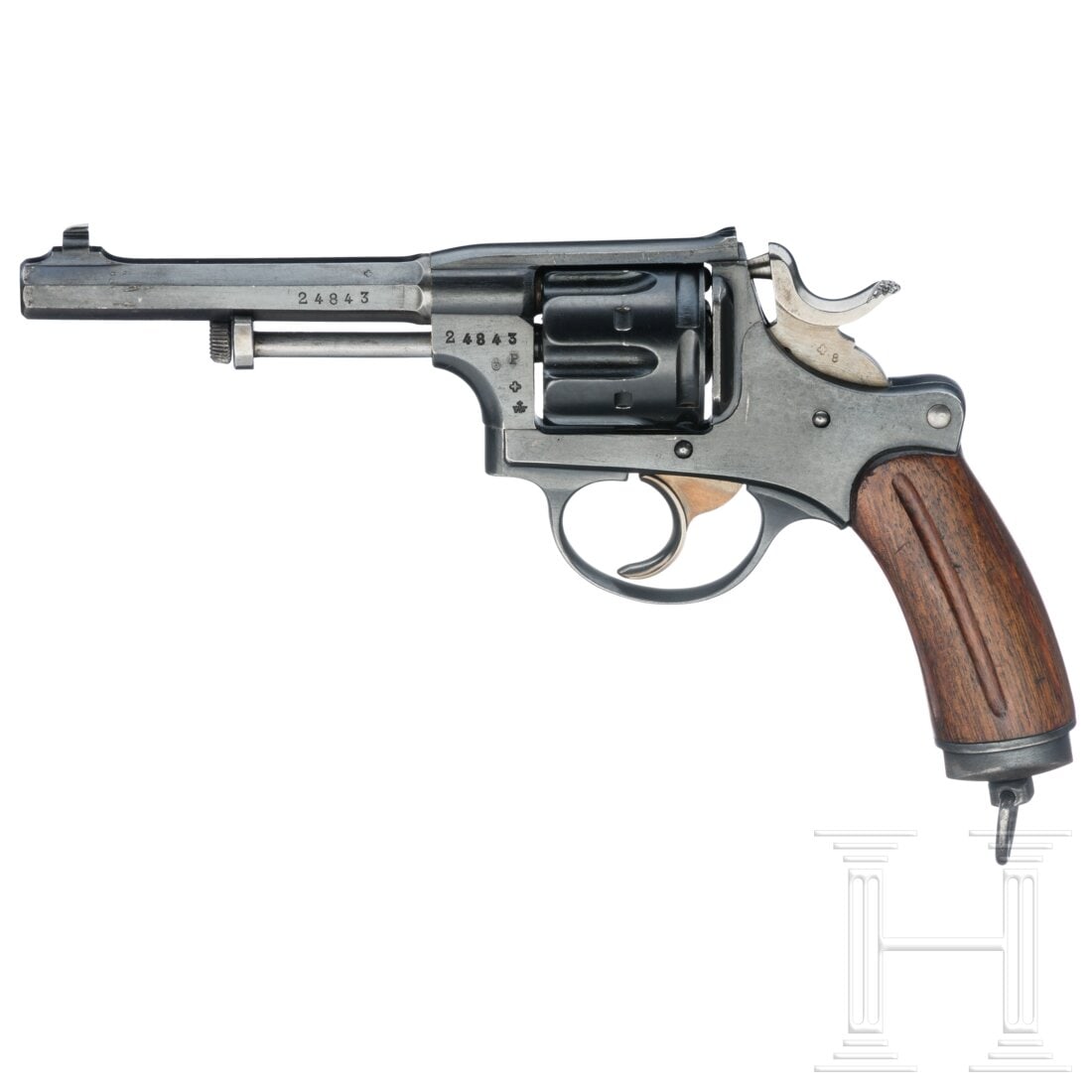 A Waffenfabrik Bern Mod. 1882: A Waffenfabrik Bern Mod. 1882Cal. 7,5mmSchweizRev., SN. 24843, nummerngleich. Fast blanker, oktagonaler Lauf, Länge 115 mm. Sechsschüssig. Vollständige, originale Brünierung partiell mit leichten 
