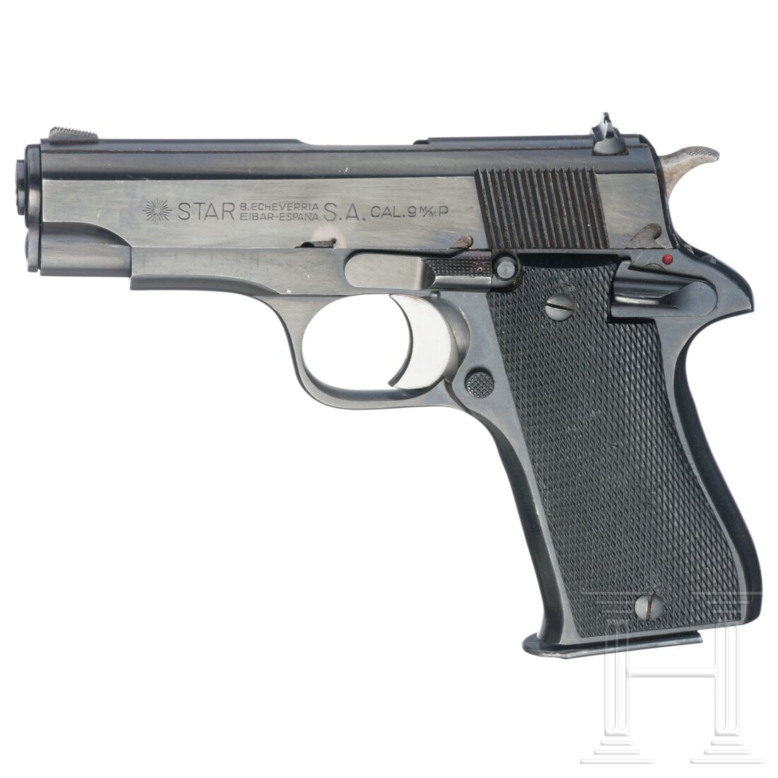 A Star Mod. BM: A Star Mod. BMCal. 9mmLuger, SN. 325985, äußerlich nummerngleich. Blanker Lauf, Länge 10 cm. Gesamtlänge 18 cm. Single Action. Standardbeschriftung. Hebel- und Magazinsicherung. Originale Hochglan