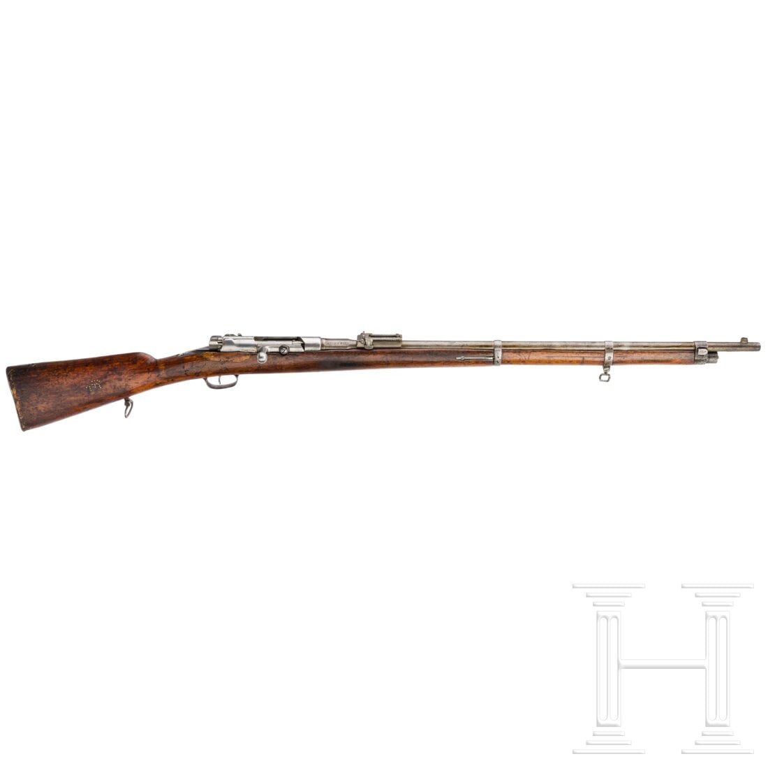 A Mauser Mod. 1887: A Mauser Mod. 1887Cal. 9,5x60R M87, SN. 161779, äußerlich nummerngleich, soweit nummeriert wurde. Lauf nicht ganz blank. Umfangreiche, türkische Abnahmen rechts auf der Laufwurzel. Die türkische T