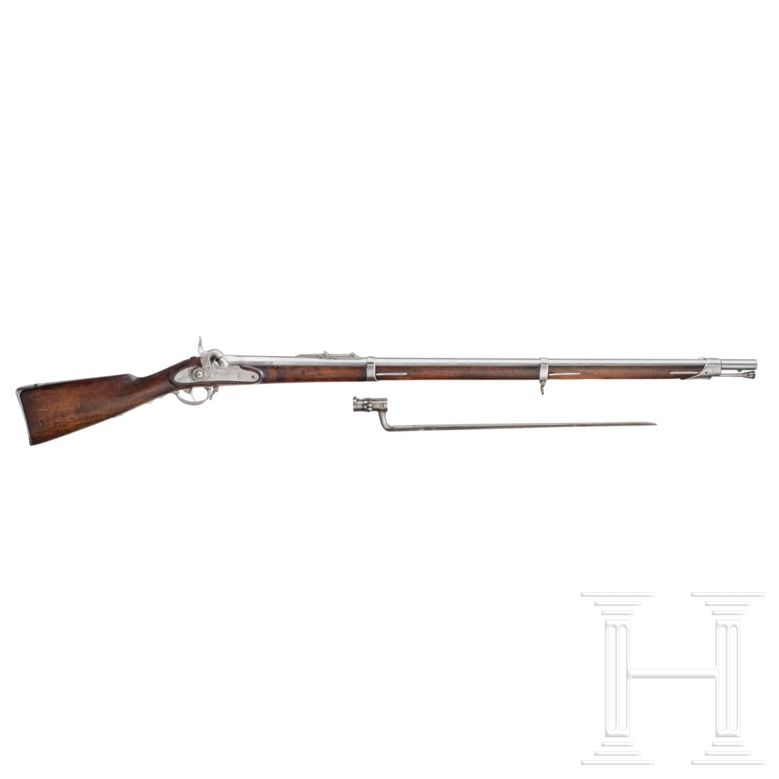A percussion infantry rifle 1842/51 U-M, with bayonet: A percussion infantry rifle 1842/51 U-M, with bayonetOktagonaler, in rund übergehender Lauf mit fünffach gezogener Seele im Kaliber 18 mm. Eingeschobenes Quadrantenvisier von 200 - 1450 Schritt. Per