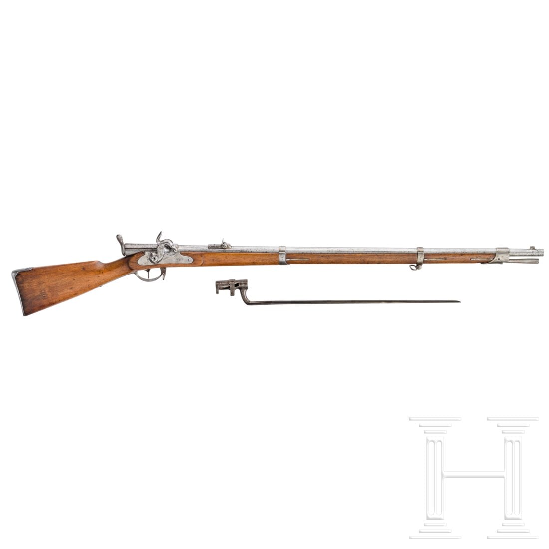 An M1858/67 I percussion rifle, with bayonet, Amberg: An M1858/67 I percussion rifle, with bayonet, AmbergAuf Rückladung abgeändertes Infanteriegewehr M 1858. Nr. 35467. Vierfach gezogener, rauer Lauf im Kaliber 13,9 mm. Verschluss mit Staubschutzdecke