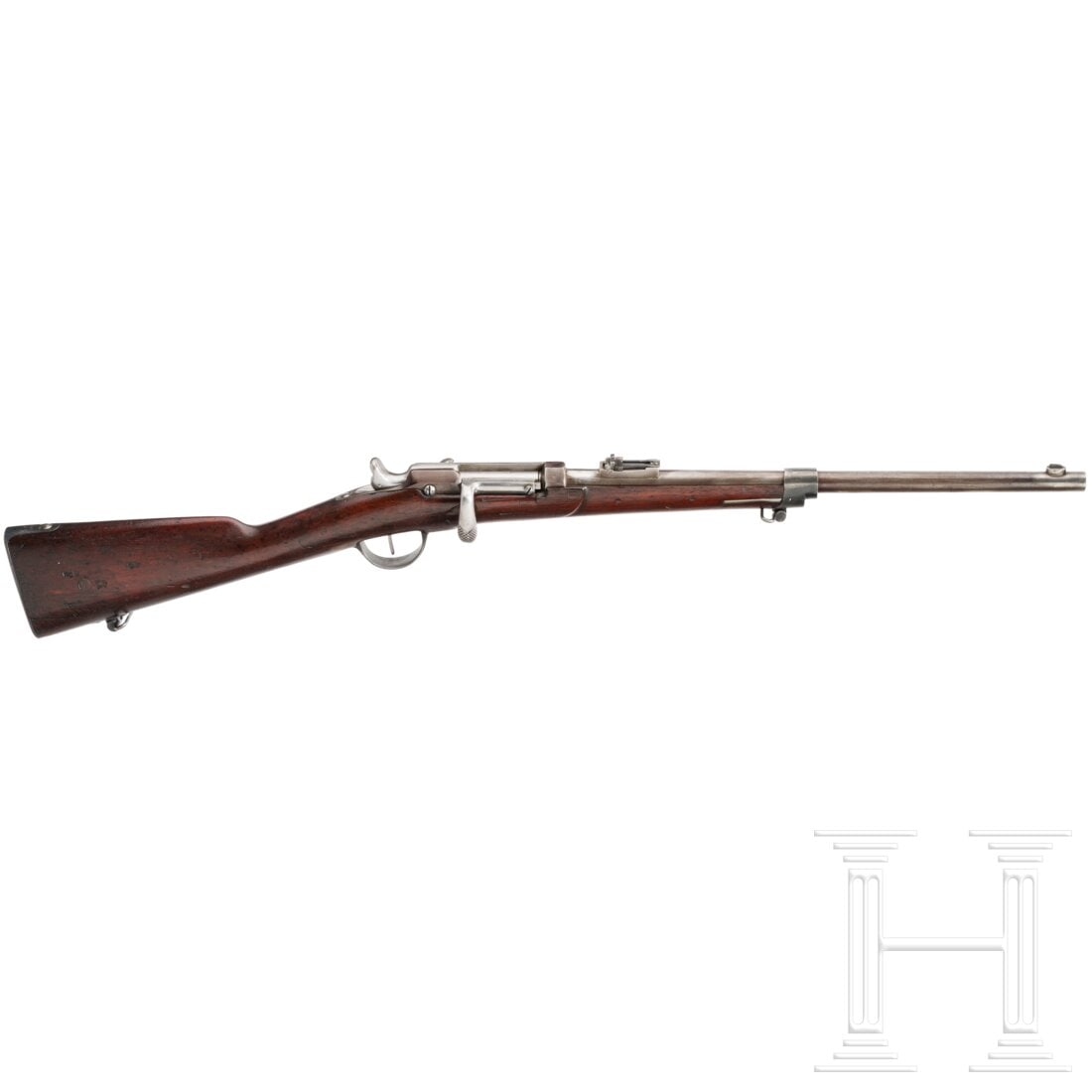A single-loading rifle Chassepot Mod. 73: A single-loading rifle Chassepot Mod. 73Cal. 11,15x60R M71, SN. 9863, nummerngleich. Leicht rauer Lauf, Lauflänge 47,5 cm. Klappen- Rahmenvisier, skaliert 6 - 15. Links an der Führung Modellbezeichn