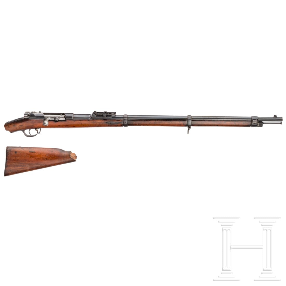A Mauser Mod. 1871/84 infantry rifle: A Mauser Mod. 1871/84 infantry rifleCal. 11,15x60R M71, SN. 4702 , nicht nummerngleich. Rauer Lauf, Länge 80 cm. Metallteile überarbeitet und neu brüniert. Hersteller- und Modellbezeichnung auf Lau