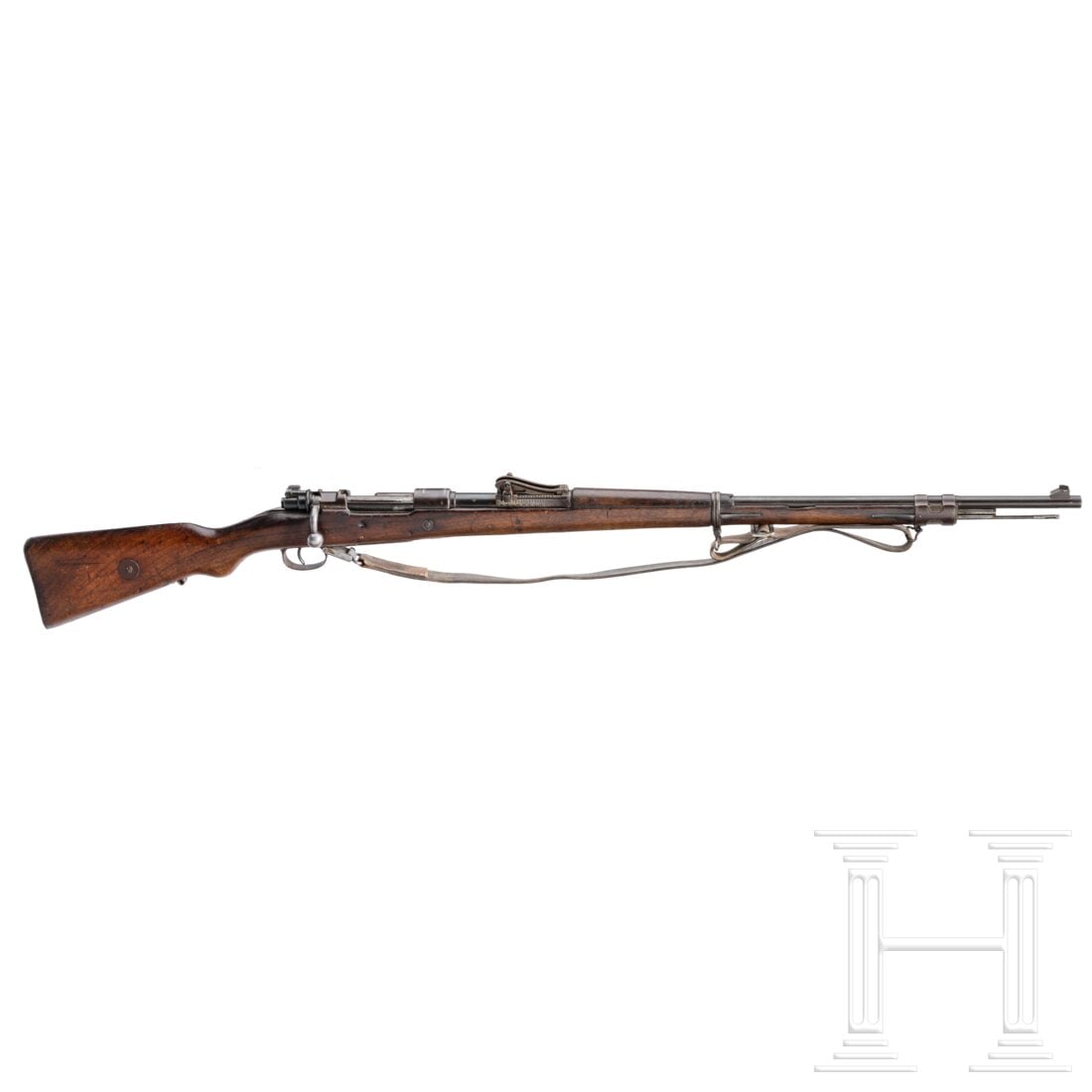 A Gewehr 98 by Spandau/Danzig, for blanks only: A Gewehr 98 by Spandau/Danzig, for blanks onlyCal. 8mm(Blanc), SN. 424, nicht nummerngleich. Hülse gemarkt "Spandau 1904" und "Danzig 1915", sehr selten mit zwei Herstellerstempeln auf der Hülse (19