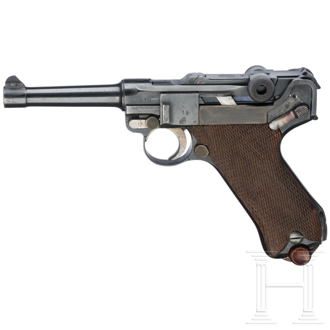 A Luger Pistol, DWM, 1916: A Luger Pistol, DWM, 1916Cal. 9mmLuger, SN. 9318, nicht nummerngleich. Blanker Lauf, Länge 100 mm. Achtschüssig. Kaiserlicher Beschuss. Div. kais. Abnahmen. Am Hülsenkopf bezeichnet "1916", am Vord