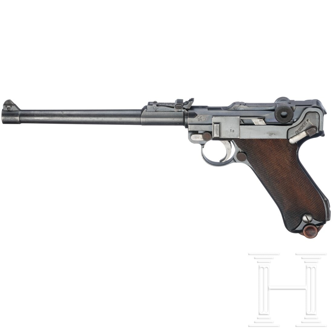 An Artillery Luger by DWM, 1916: An Artillery Luger by DWM, 1916Cal. 9mmLuger, SN. 2458a, nummerngleich inkl. Schlagbolzen. Leicht rauer Lauf, Länge 190 mm. Achtschüssig. Kaiserlicher Beschuss mit div. Abnahmen. Schiebevisier skali