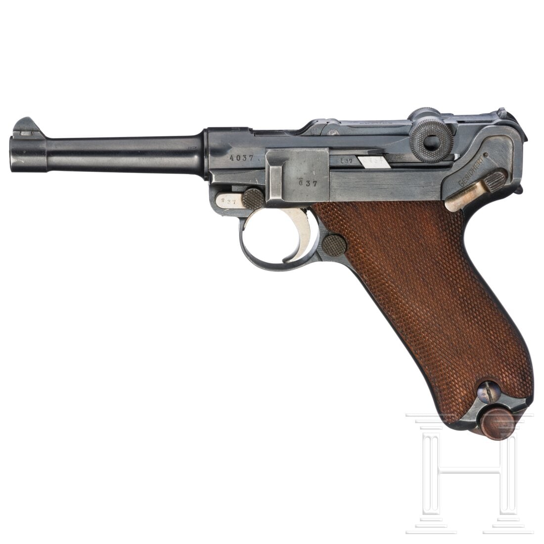 An Erfurt Luger, 1911: An Erfurt Luger, 1911Cal. 9mmLuger, SN. 4037, matching numbers incl. firing pin and grips, only the hold-open, a later edition with different number ("06"). Barrel length 10 cm, bright bore. Imperial 