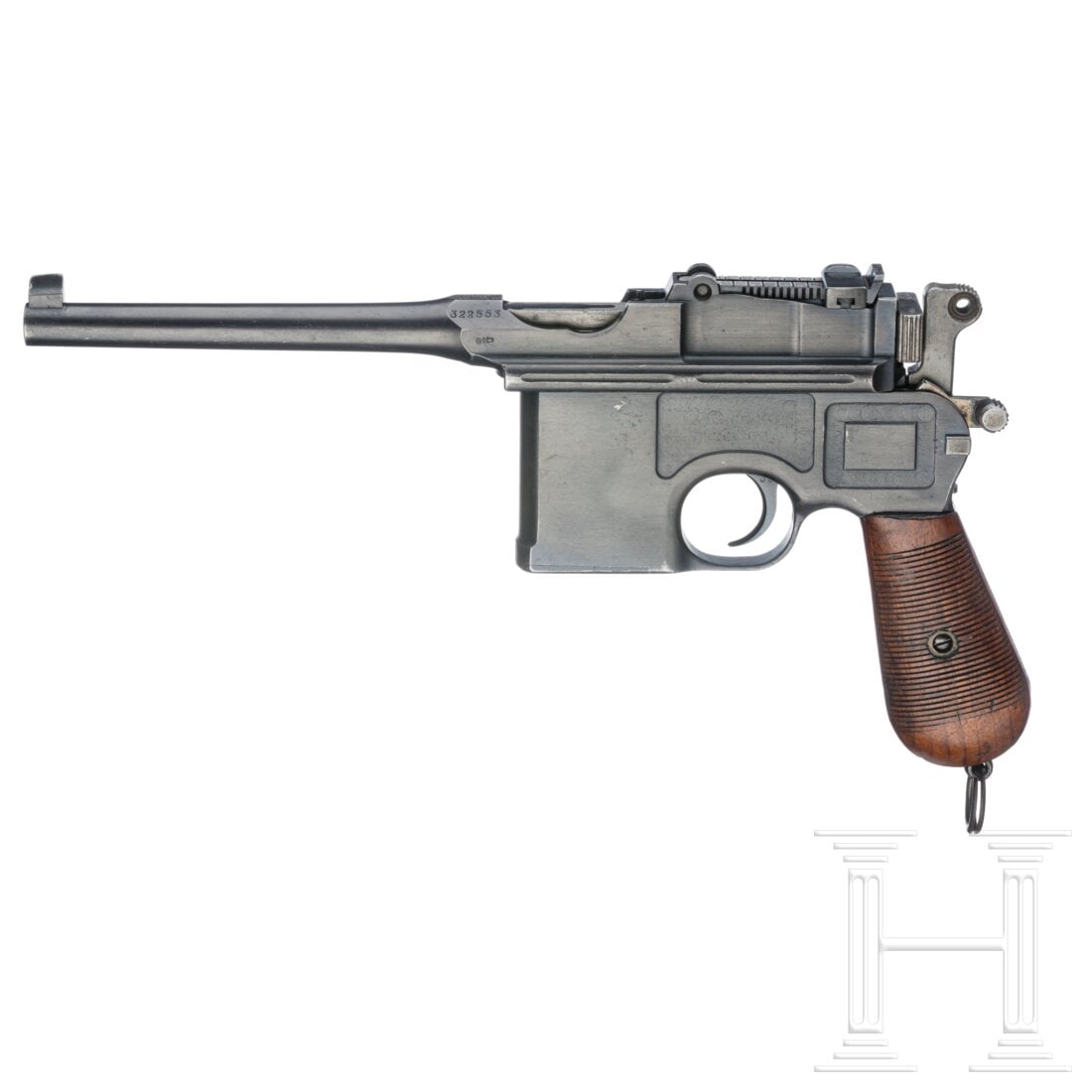 A Mauser C 96 "Wartime Commercial": A Mauser C 96 "Wartime Commercial"Cal. 7,63mmMauser, SN. 322553, nummerngleich inkl. Griffschalen. Leicht rauer Lauf, Länge 14 cm. Gültiger Beschuss Doppelkrone/"U". Rechts am Laufgehäuse kaiserlic