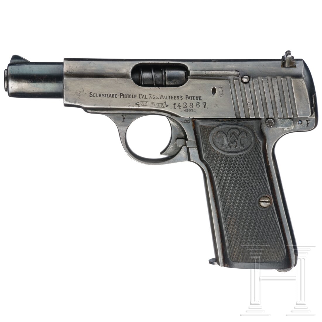 Walther Mod. 4, 3rd pattern: Walther Mod. 4, 3rd patternCal. 7,65mmBrowning, SN. 142867, nummerngleich. Leicht rauer Lauf. Beschuss Krone/"N". Links Standardbeschriftung, rechts keine Beschriftung. Links am Schlitten vor den Span