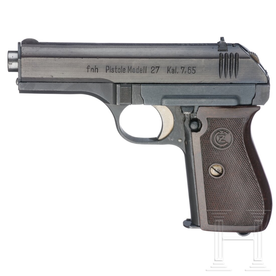 A CZ Mod. 27: A CZ Mod. 27Cal. 7,65mmBrowning, SN. 327778 , nummerngleich. Blanker Lauf. Single Action. Neunschüssig. Späte, codierte Verschlussbeschriftung ("fnh"), Abnahme Adler/"WaA76". Hebel- und Magazinsiche