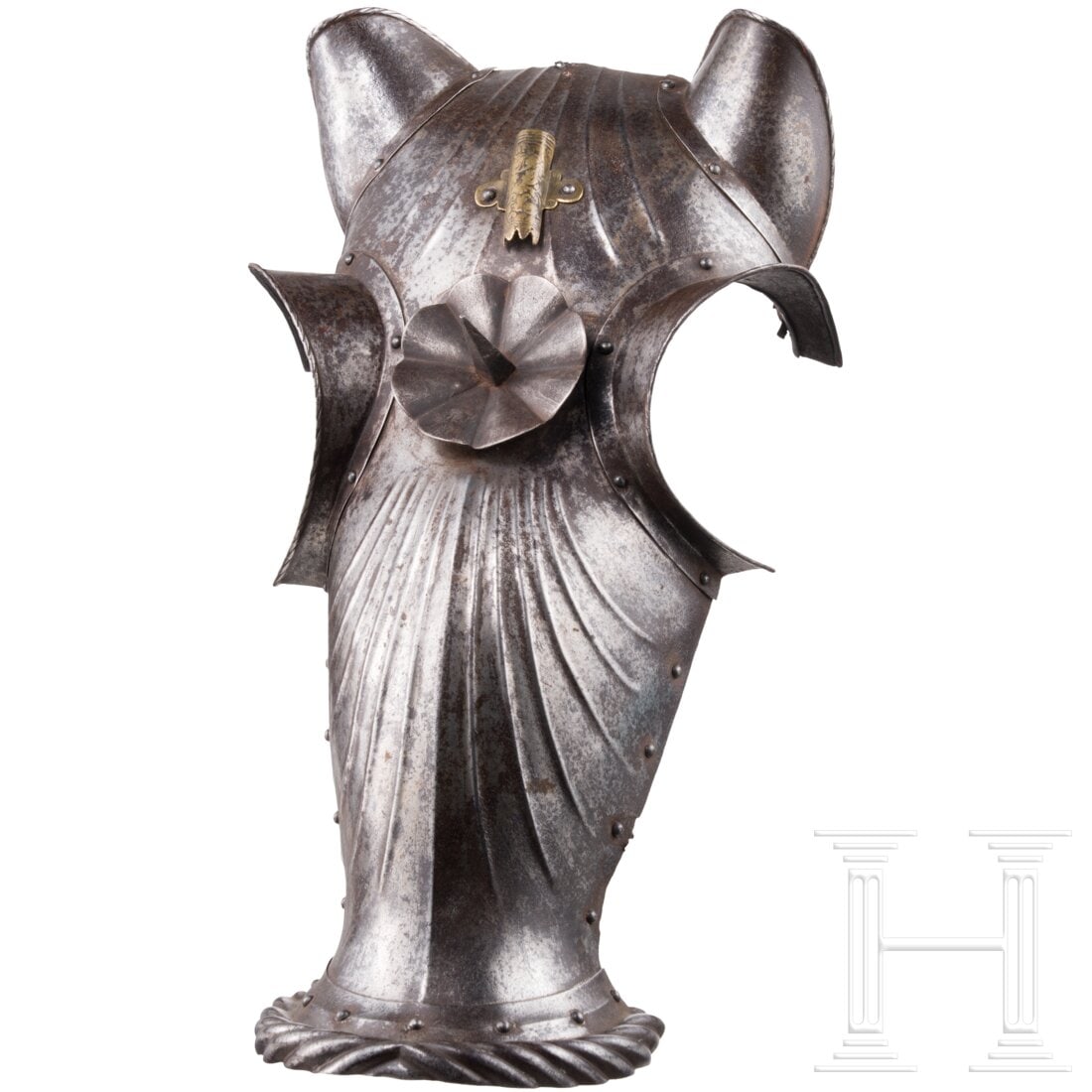 A South German Maximilian Chamfron, circa 1520/30: A South German Maximilian Chamfron, circa 1520/30The distinctively domed chamfron wrought in several pieces with finely fluted décor. The lower edge with a prominent roped, bulging flange. A quadrang