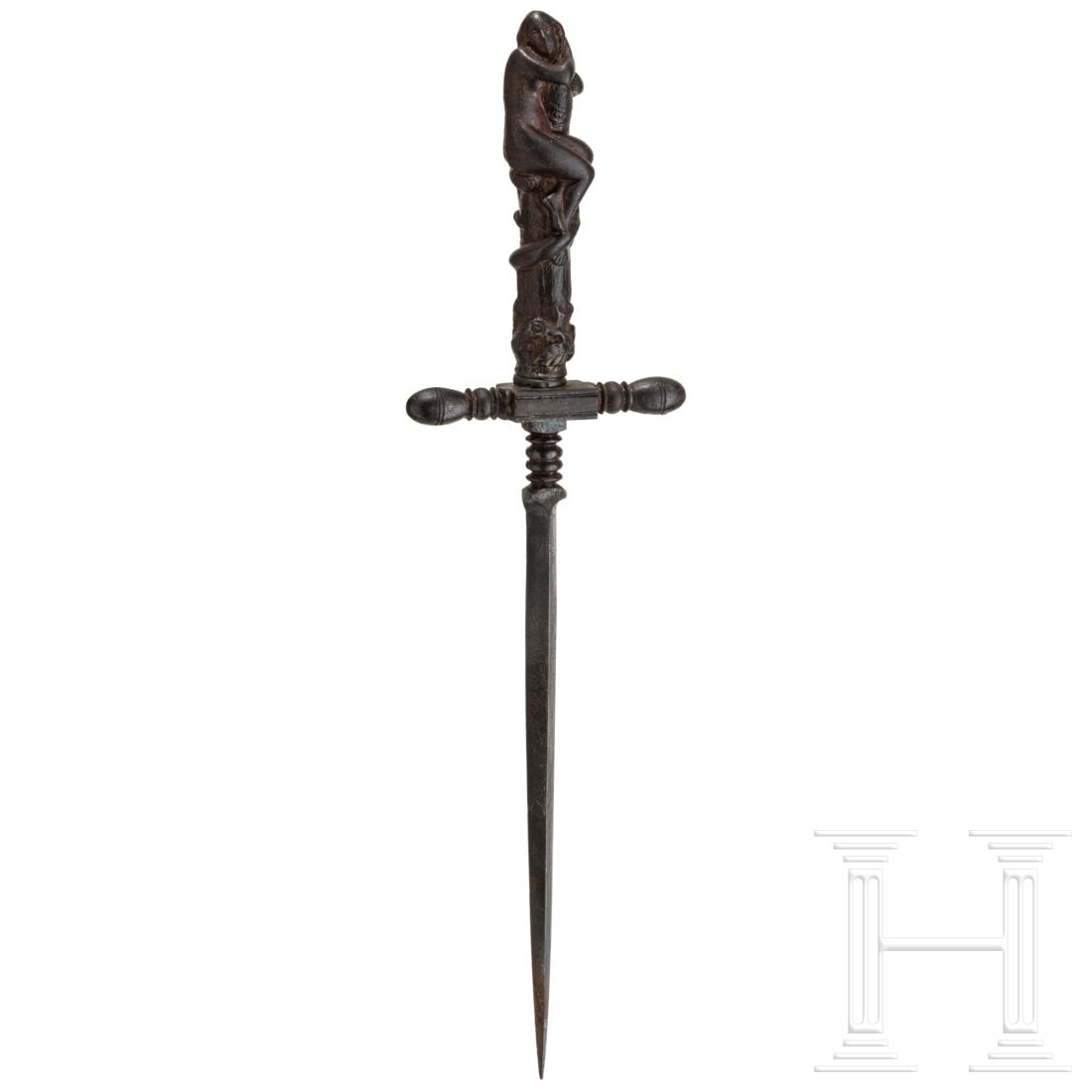 An Italian stiletto, 17th century: An Italian stiletto, 17th centuryDreikantklinge mit einseitig geschlagener Schmiedemarke und scheibengegliedertem Ansatz. Parierstange ebenfalls scheibengegliedert, mit abgesetzten Knäufen. Geschnitt