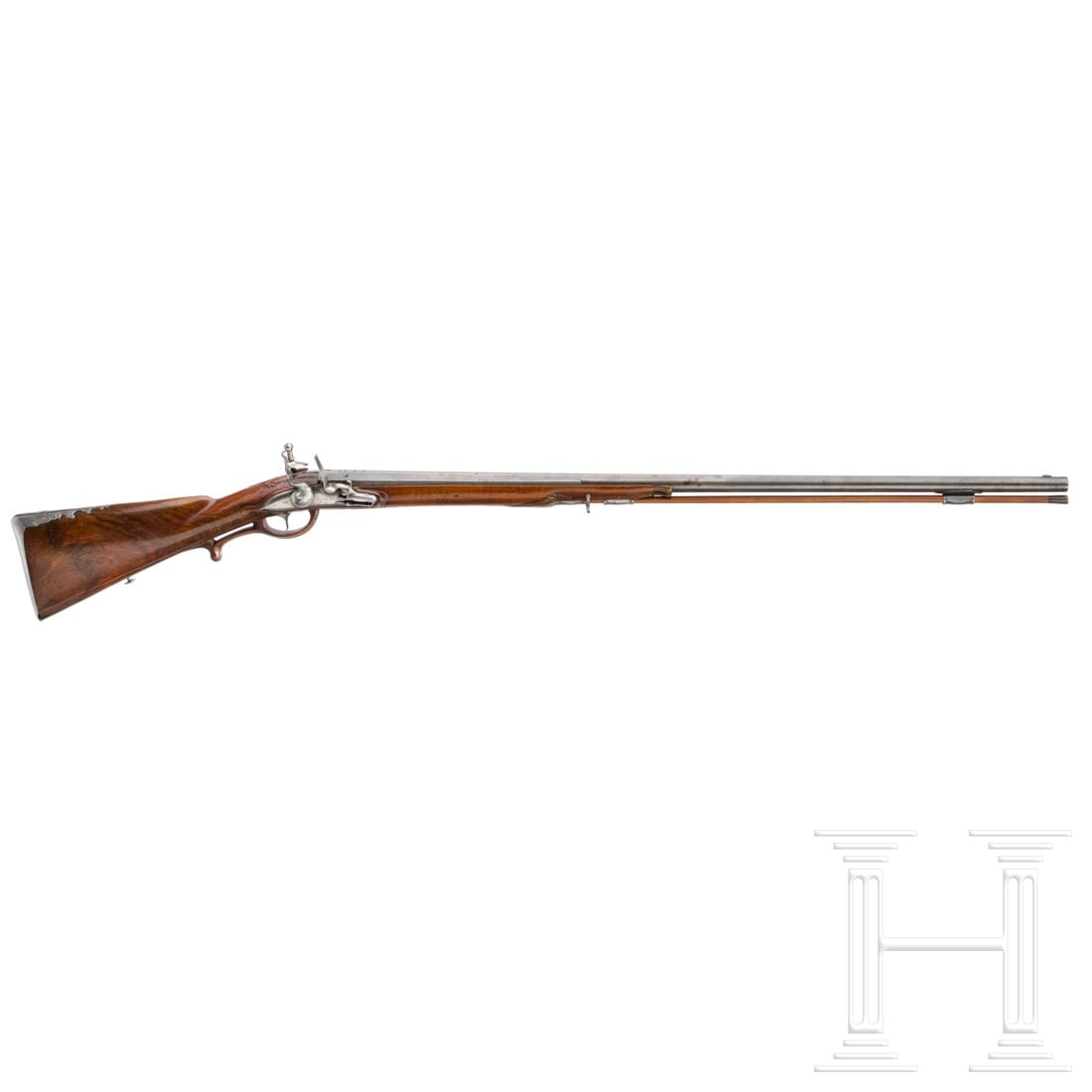 A German flintlock shotgun, Franz Eüchert (?), circa 1760: A German flintlock shotgun, Franz Eüchert (?), circa 1760Brünierter, konischer, oktagonaler, in rund übergehender Lauf mit abgeflachter Visierlinie. Glatte Seele im Kaliber 16,5 mm. Vermutlich span
