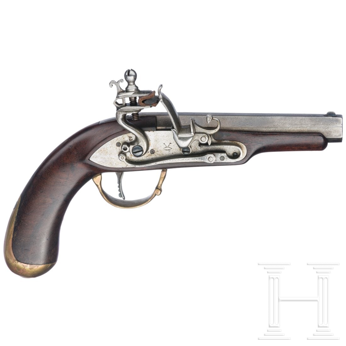 A German pocket pistol, modern collector's replica: A German pocket pistol, modern collector's replicaGlatter Oktagonlauf im Kaliber 9 mm, Steinschloss mit ungewöhnlicher außenliegender Federanordnung. Glatter Schaft mit Messinggarnitur. Metalloberfl