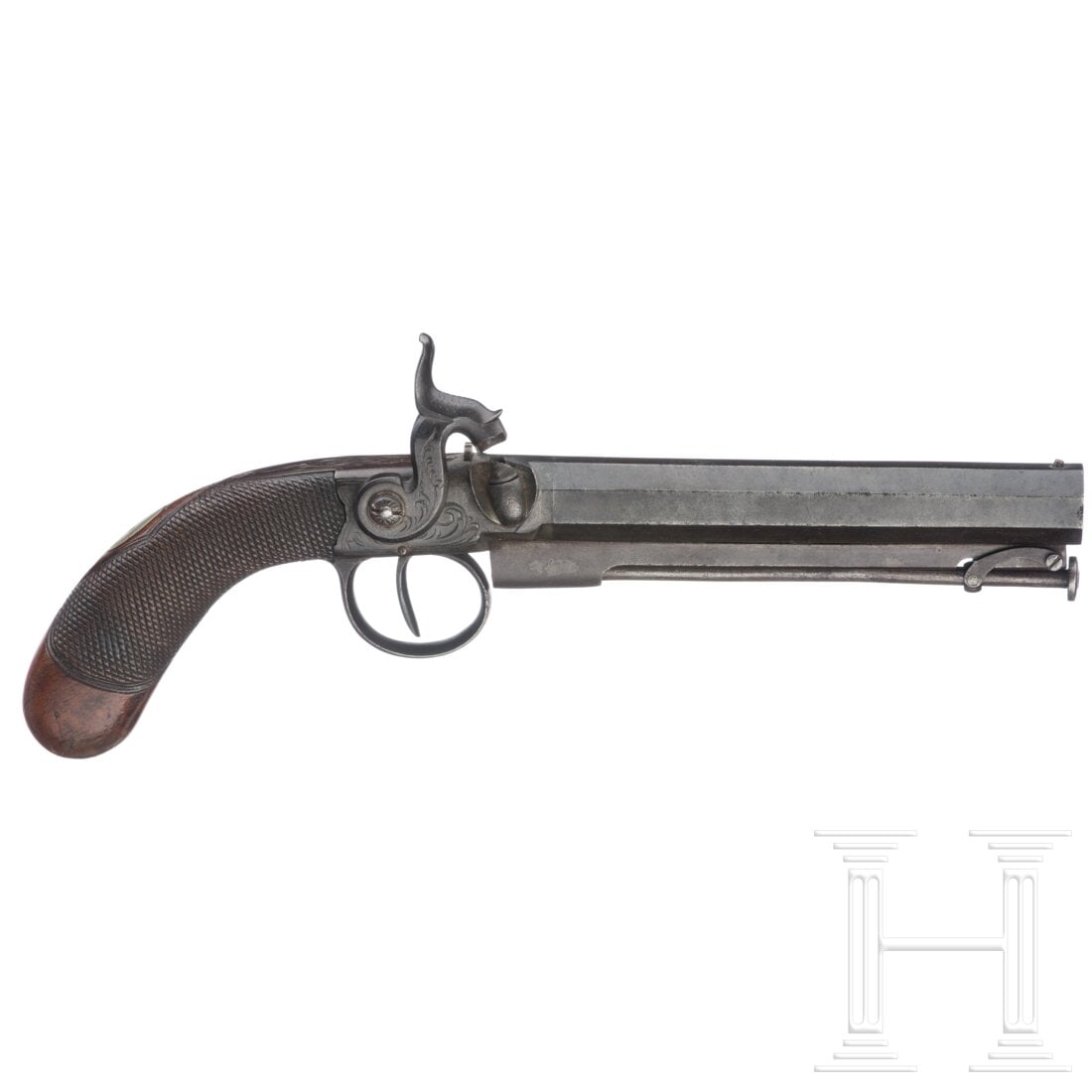A UK percussion terzerol with belt clip, 1840 - 1850: A UK percussion terzerol with belt clip, 1840 - 1850Oktagonaler eiserner Lauf mit glatter Seele im Kaliber 12 mm. Perkussionsschloss mit leicht graviertem Rahmen, Gürtelspange auf der Gegenseite des 