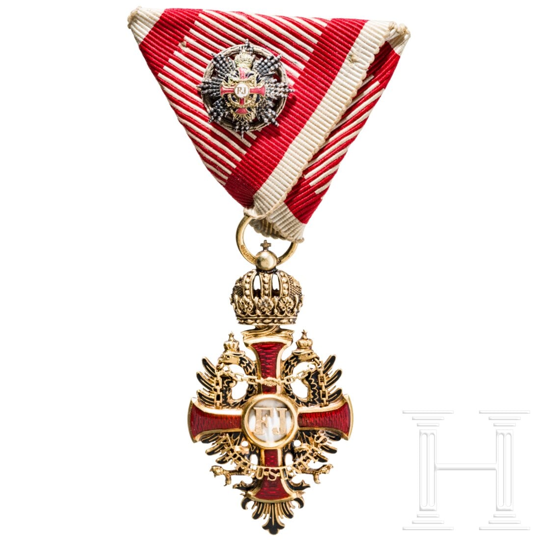 Order of Franz Joseph - a knight's Cross with a small decoration: Order of Franz Joseph - a knight's Cross with a small decorationGold, beidseitig emailliert, im Ring gestempelt "V. Mayer's Söhne in Wien" und Fuchskopfpunze "3A". Bewegliche Kronenagraffe. Am weiß-