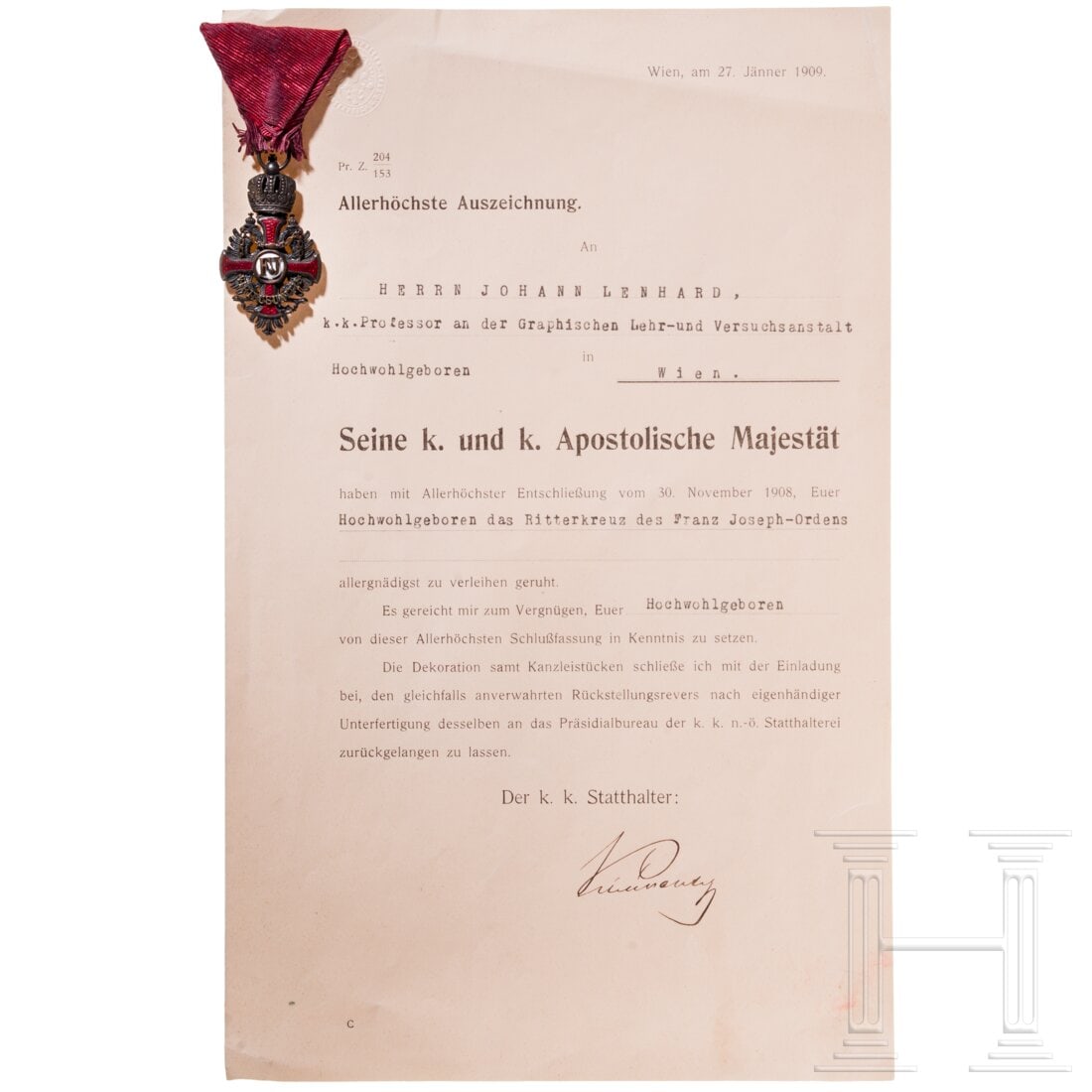 Order of Franz Joseph, Knight's Cross with certificate, dated 1908 (1 of 3)