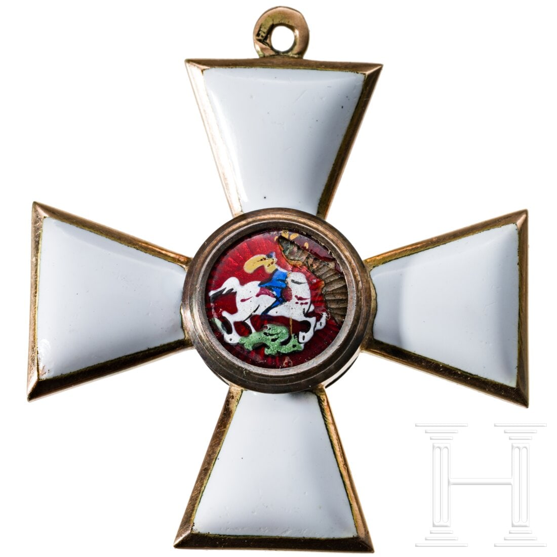 A Russian Order of St. George - a Cross 4th Class, circa 1910: A Russian Order of St. George - a Cross 4th Class, circa 1910Gold, enamelled. The mark of fineness for "56" zolotniki with Kokoshnik head in the loop. The medallions in gilt silver, enamelled on both 
