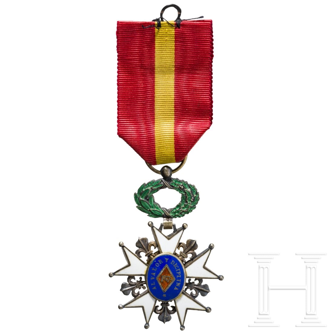 Cross for Pamplona and Bayona (1813 - 1814): Cross for Pamplona and Bayona (1813 - 1814)Silbernes Kreuz (gedunkelt, Vergoldungsspuren) mit Bourbonenlilien, beidseitig farbig emailliert. Avers beschriftet "Al valor y disciplina / F7" und auf der 