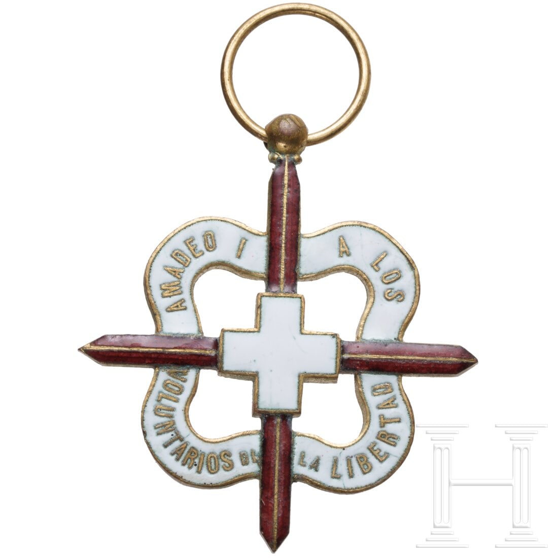 A Cross "Voluntarios de la Libertad": A Cross "Voluntarios de la Libertad"Buntmetall, vergoldet, beidseitig emailliert (vereinzelt Risse, kleine Chips). Schauseitig beschriftet "Amadeo I a los Voluntarios de la Libertad" und rs. "29 Setbr