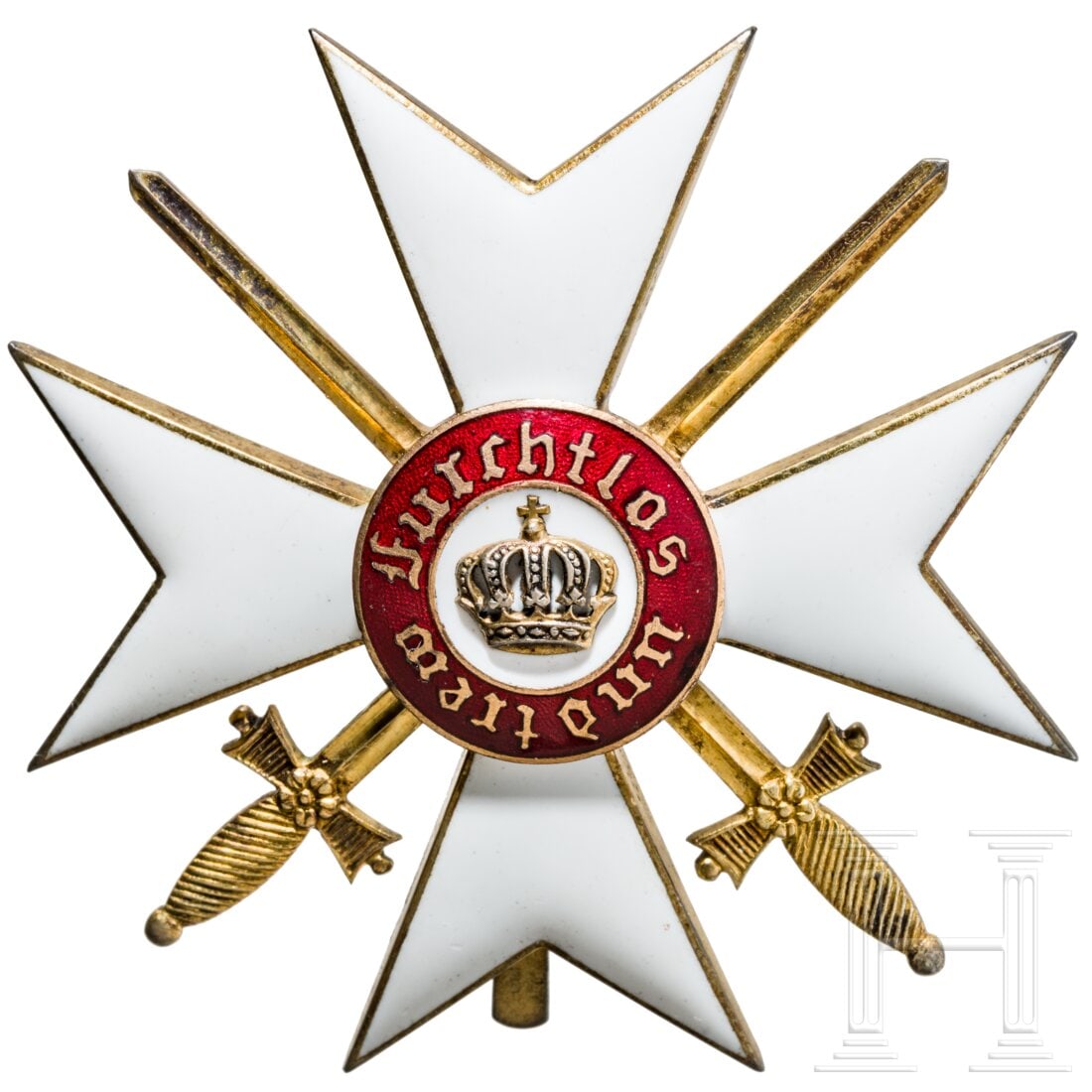 Orden der Württembergischen Krone, Ehrenkreuz mit Schwertern: Orden der Württembergischen Krone, Ehrenkreuz mit SchwerternSilber vergoldet, emailliert, hergestellt beim königlich württembergischen Münzamt - Abteilung Orden, Emaille unbeschädigt, gute