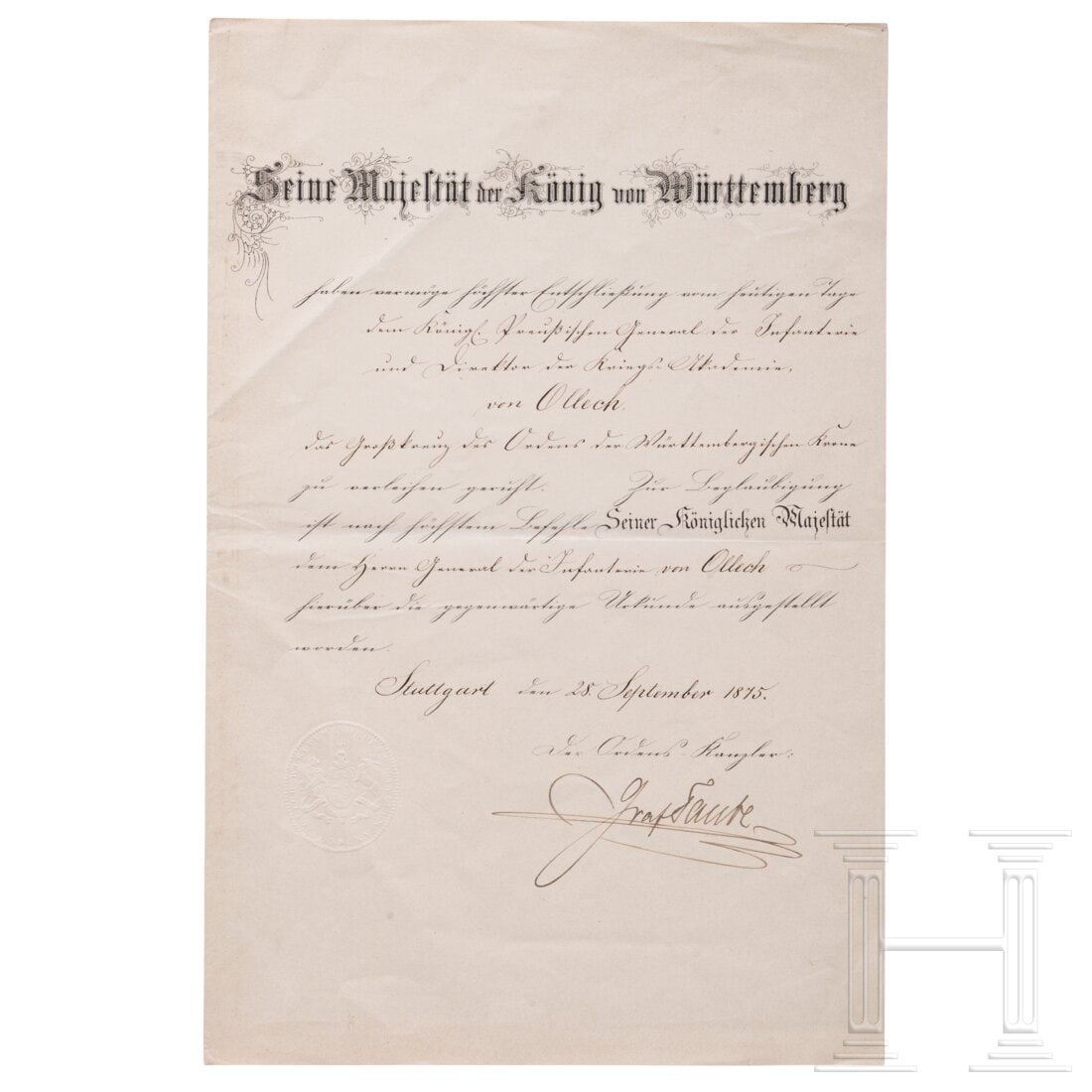 Orden der Württembergischen Krone, Verleihungsurkunde zum Großkreuz: Orden der Württembergischen Krone, Verleihungsurkunde zum GroßkreuzVerleihungsurkunde zum Großkreuz des Ordens der Württembergischen Krone für den Königlich Preußischen General der Infanterie u