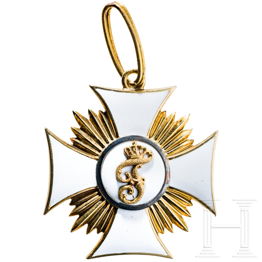 Order of Frederick - a Knight's Cross 1st Class: Order of Frederick - a Knight's Cross 1st ClassOrdenskreuz und Ring aus 14 Karat Gold (getestet), beidseitig weiß emailliert. Mehrteiliges Medaillon, im Zentrum beidseitig aufgelegt die goldene Herrs