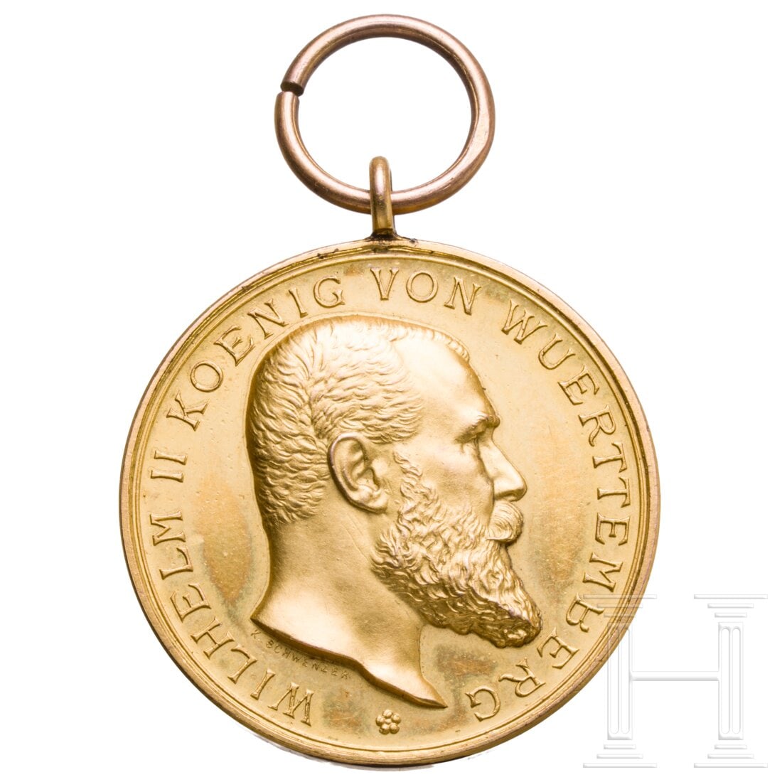 A Golden Military Service Medal 1892: A Golden Military Service Medal 1892Gold, acht Karat (getestet), Stempelschneider "K. Schwenzer" (Karl Schwenzer in Stuttgart). Öse gepunzt "333". Trage- und Altersspuren. Breite 28 mm, Gewicht ca. 1