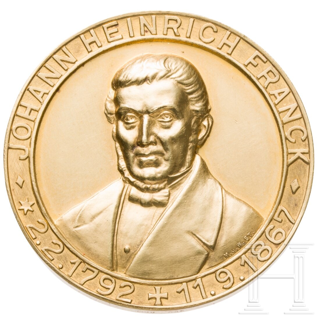 A 100-year anniversary Gold Medal of the Ludwigsburg-based "Franck" company: A 100-year anniversary Gold Medal of the Ludwigsburg-based "Franck" companyGold, punched „900 GOLD" on the edge, weight 55.42 g, diameter 40,54 mm. The front depicts the founder of the Ludwigsburg-b