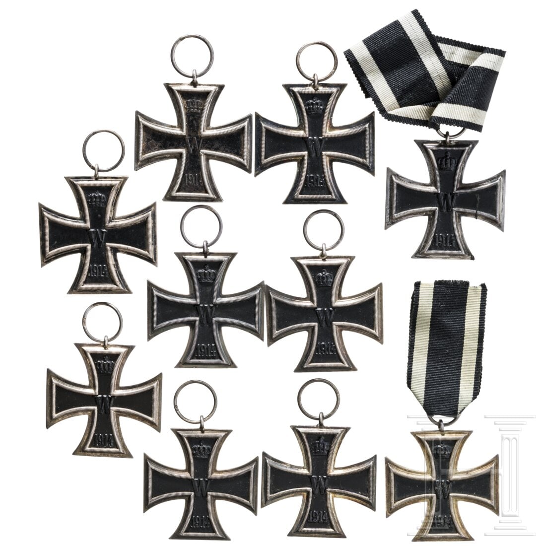 Ten Iron Crosses, Second Class, from 1914: Ten Iron Crosses, Second Class, from 1914Jeweils mit geschwärztem Eisenkern in versilberter Zarge, überwiegend ohne Band. Condition: II