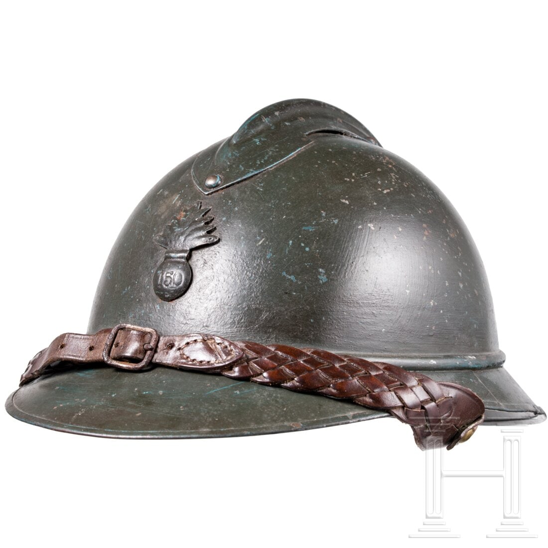 A "Adrian" steel helmet M 15 for an officer from the IR 150: A "Adrian" steel helmet M 15 for an officer from the IR 150Eigentumsstück, die olivgrün übermalte Glocke mit angesetztem zweiteiligem Rand, aufgesetztem Verstärkungskamm und schauseitigem Infanter