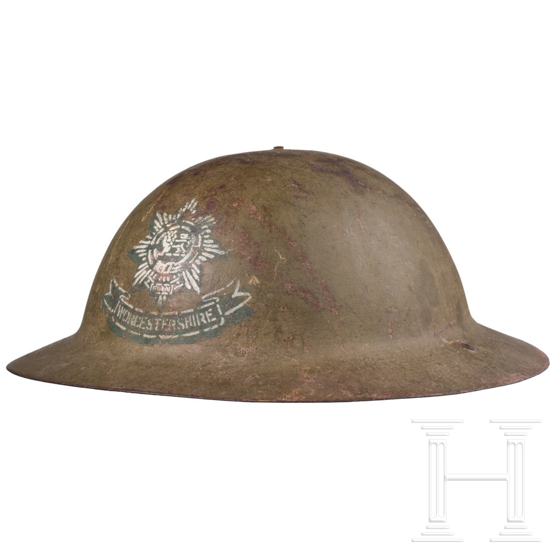 A Brodie steel helmet belonging to a member of the Worcestershire Regiment, early production (1 of 5)