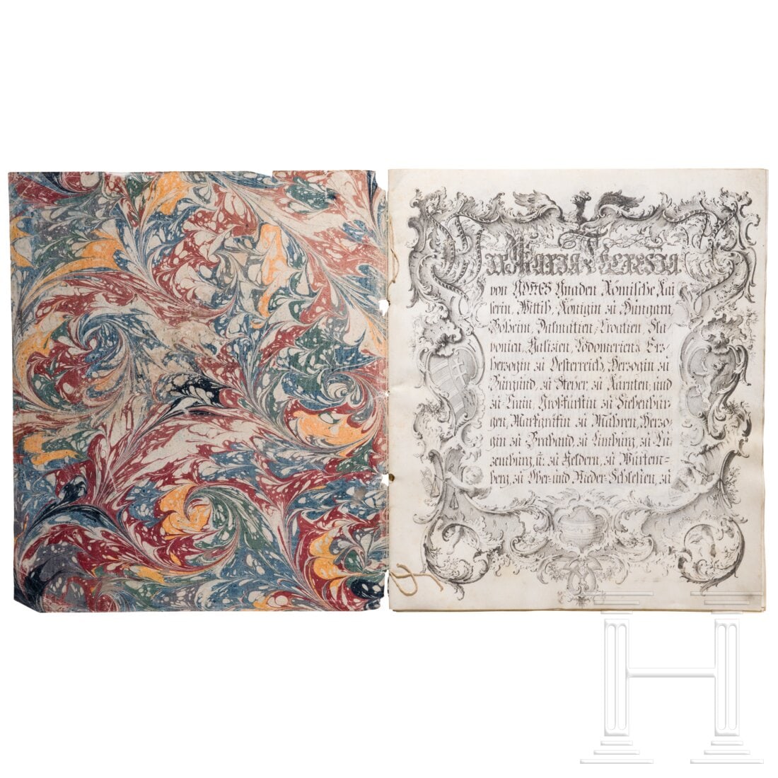 Empress Maria Theresia (1717 - 1780) - a patent of nobility for Johann Joseph Edler von Leiner, 1774: Empress Maria Theresia (1717 - 1780) - a patent of nobility for Johann Joseph Edler von Leiner, 1774Fünf Pergament-Doppelbögen mit kalligraphisch in Tusche verfasstem Text, farbig von Hand gemaltem 