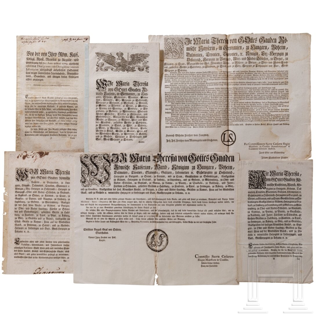 Empress Maria Theresia (1717 - 1780) - seven circulars from her reign period, 1745 - 1780: Empress Maria Theresia (1717 - 1780) - seven circulars from her reign period, 1745 - 178022. Februar 1751: sieben Seiten, gebunden (erneuert), neun "verschärfte Verordnungen, um dem so sehr in Schwun