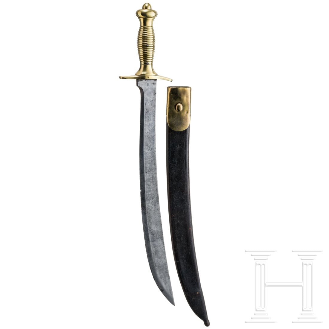 A heavy fascine knife, dated 1843: A heavy fascine knife, dated 1843Kräftige, leicht geschwungene Keilklinge (fleckig, schartig), am Ansatz etwas eingezogen, Spitze in Rückenlinie, an der Wurzel gemarkt „1843" und Abnahme „B" unt