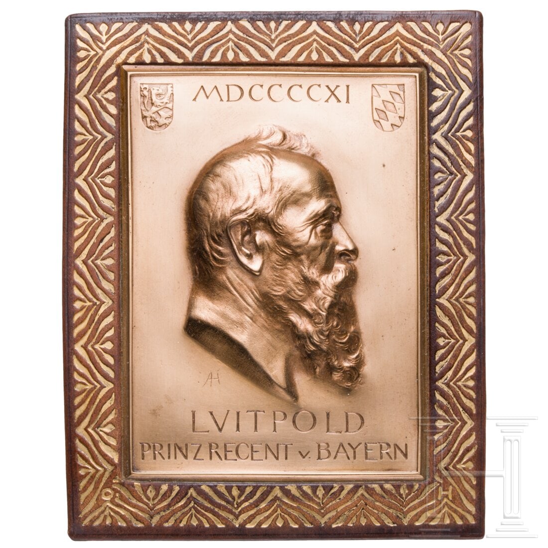 Prince Regent Luitpold of Bavaria - a portrait plaque by Adolf Hildebrand on the occasion of his: Prince Regent Luitpold of Bavaria - a portrait plaque by Adolf Hildebrand on the occasion of his 90th birthday in 1911Bronze, feuervergoldet, erhabenes Profilportrait des Prinzregenten, über Künstle