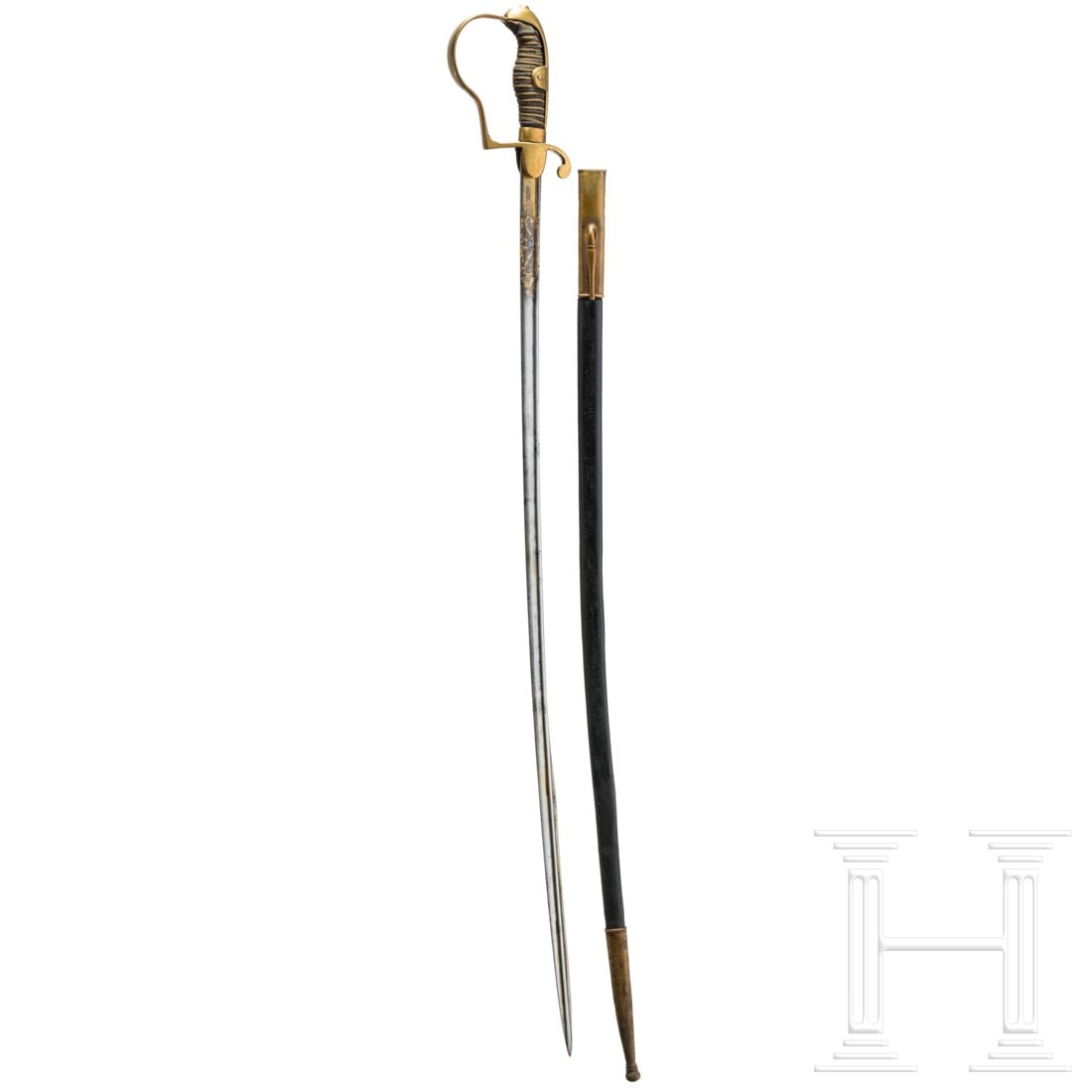 A short Eisenhauer damascus sabre for foot troops, circa 1900: A short Eisenhauer damascus sabre for foot troops, circa 1900Eigentumsstück. Leicht gekrümmte Steckrückenklinge (fleckig), beidseitig am Ansatz vergoldete Zierätzungen mit Ranken und Banderole „