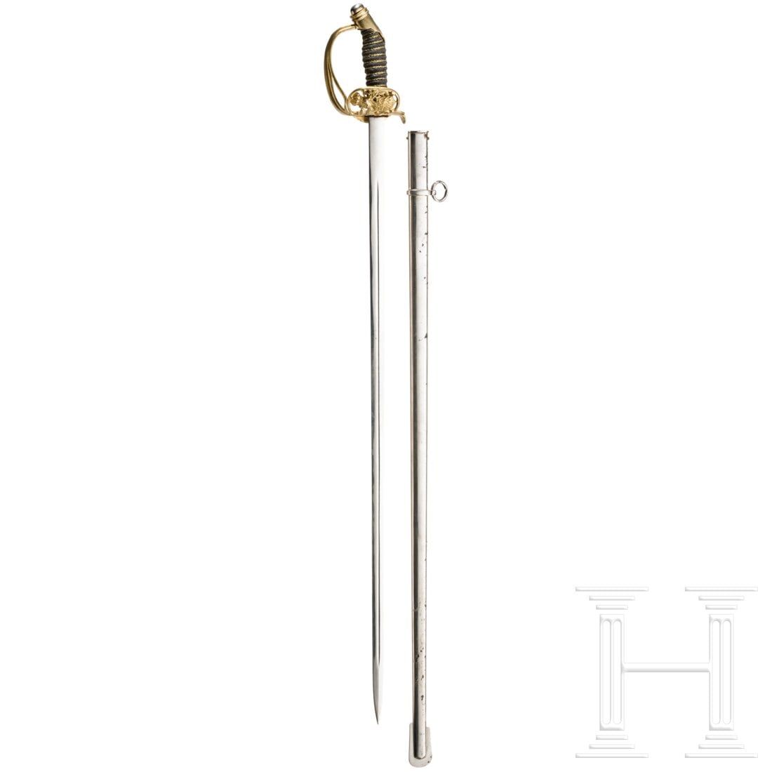 A sword M 1889 for officers of the infantry: A sword M 1889 for officers of the infantryBeidseitig gekehlte, verchromte Klinge mit linsenförmigem Querschnitt (etwas fleckig), quartseitig Herstellerstempel von Weyersberg, Kirschbaum & Cie. Buntm