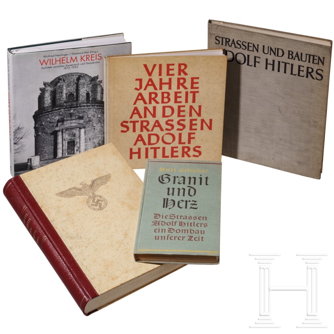 A small group of books: A small group of books"Bayern im ersten Vierjahresplan" als goldgeprägte Luxusausgabe mit Halbledereinband im Schuber. Am Schnitt stockfleckig, mit neuzeitlichem Widmungsvorsatz. "Strassen und Bauten