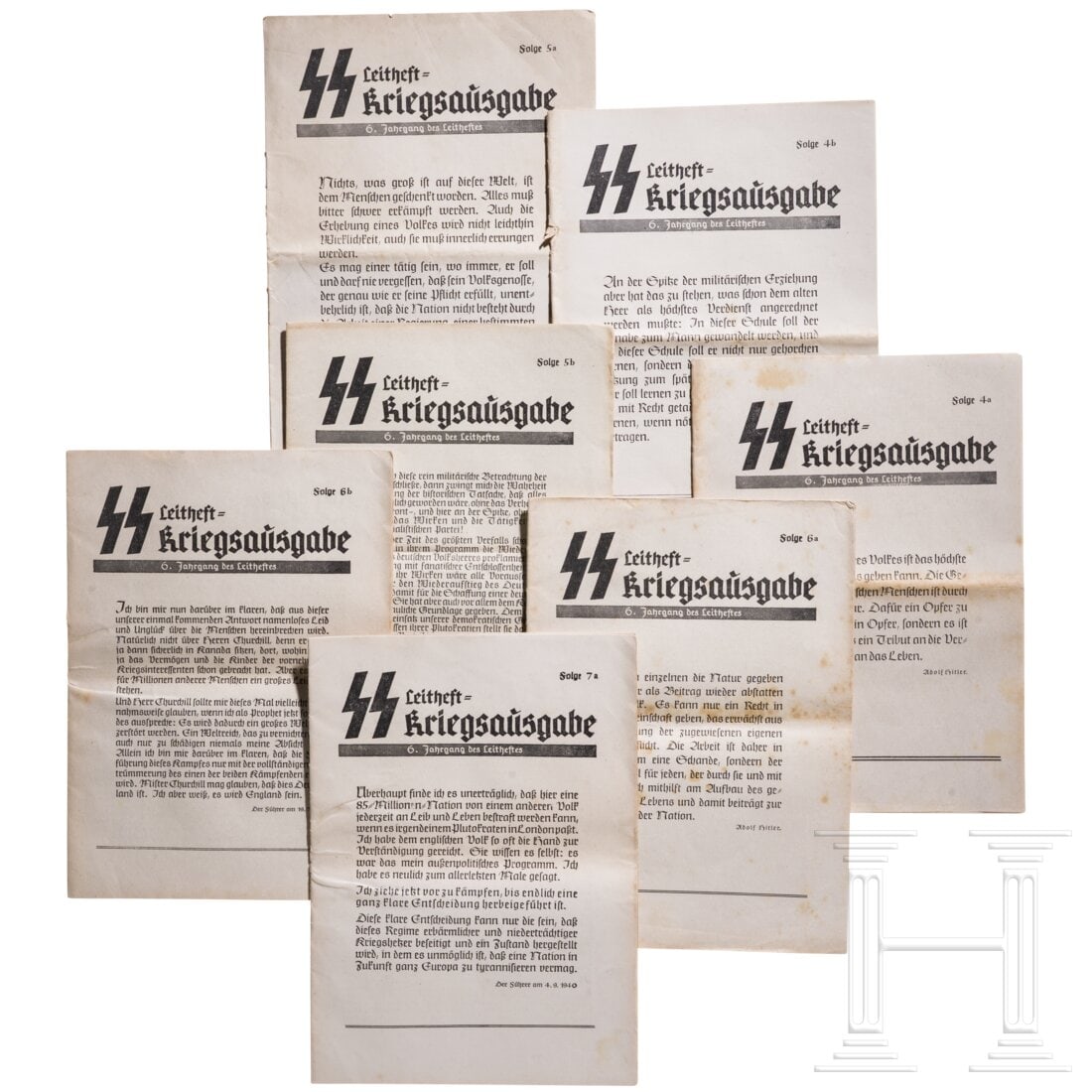 A collection of SS booklets "Leithefte", war editions: A collection of SS booklets "Leithefte", war editionsSieben Hefte, 6. Jahrgang, folgende Folgen sind enthalten: 4a, 4b, 5a, 5b, 6a, 6b und 7a. Alters- und Gebrauchsspuren.Condition: II