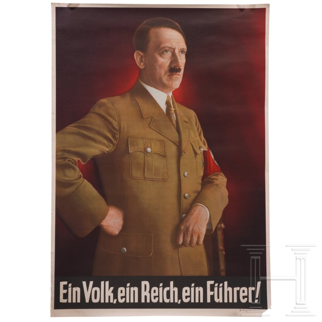 A propaganda poster showing Adolf Hitler: A propaganda poster showing Adolf HitlerFarbiges Plakat, Hitler zeigend, im unteren Bereich eine bekannte Propaganda-Devise aus der damaligen Zeit, Druck "Carl Werner Reichenbach i.V.", ein kleines St