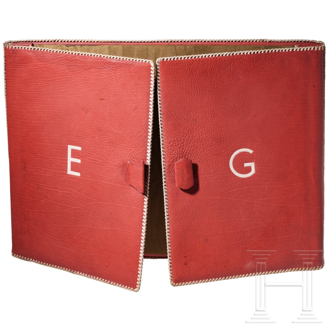 Emmy Göring - a red Morocco leather briefcase with white woven leather edging: Emmy Göring - a red Morocco leather briefcase with white woven leather edgingIn the middle two large handle loops with a white monogram "EG" to the right and left of them. The interior has a writing 