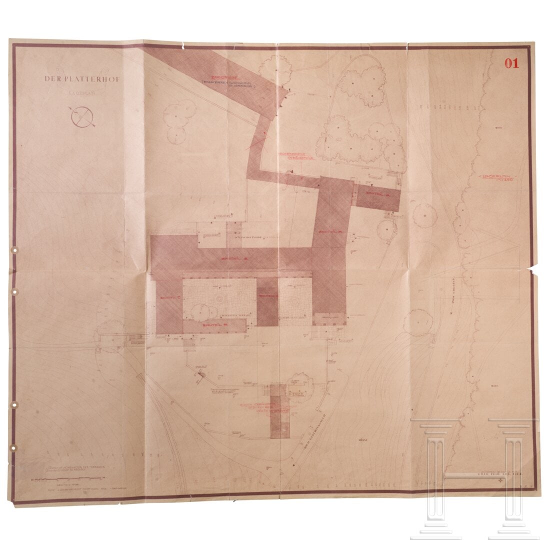 "Der Platterhof", Obersalzberg - a site plan, dated October 31, 1938: "Der Platterhof", Obersalzberg - a site plan, dated October 31, 1938Zeitgenössischer Lageplan vom Platterhof, datiert "31. Oktober 1938", entworfen von Professor Roderich Fick, Maße 89 x 101 cm. Alt