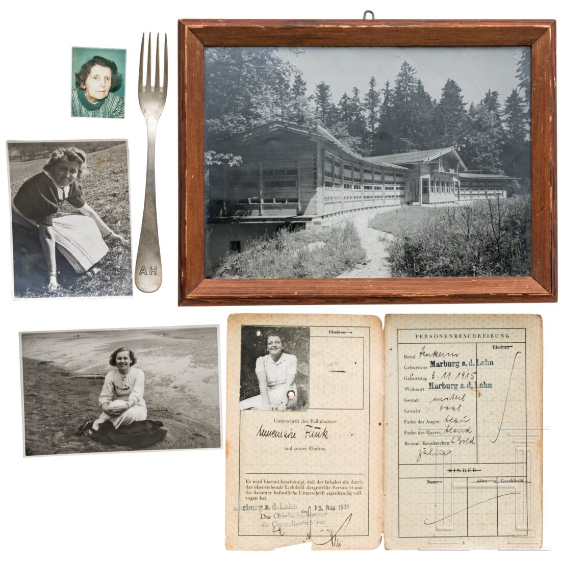 Annemarie Funk - estate of the beekeeper at the Obersalzberg, with an early fork from Hitler's: Annemarie Funk - estate of the beekeeper at the Obersalzberg, with an early fork from Hitler's householdSilver fork bearing the monogram “AH”, a typical utilitarian item from Adolf Hitler’s 