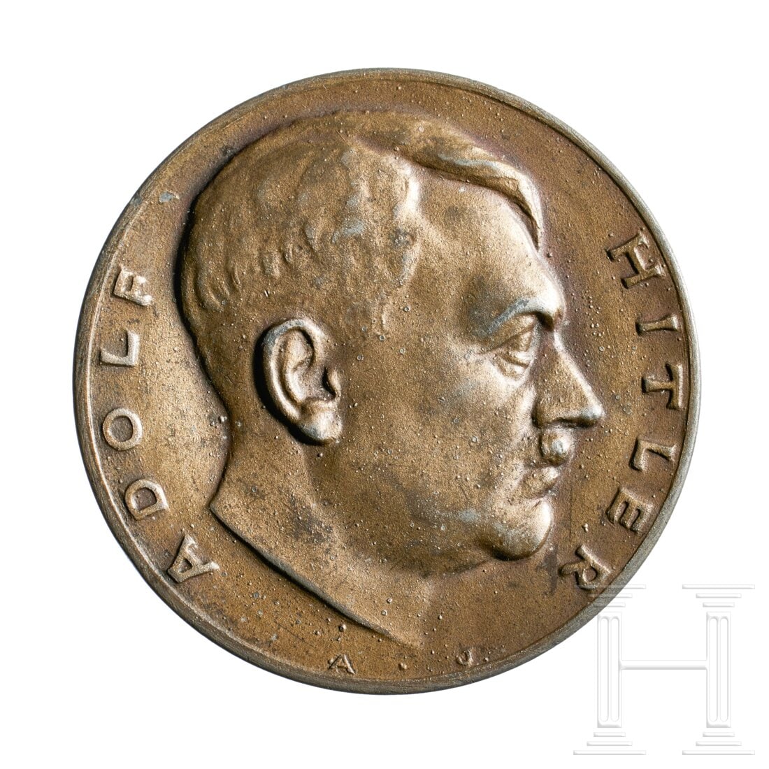 A Hitler 90th Birthday Non Portable Award: A Hitler 90th Birthday Non Portable AwardBronze finished, obverse with Hitler bust and name, reverse with eagle and oakleaves across bottom, embossed around edges “Gewidmet vom Frankfurter Volksblat
