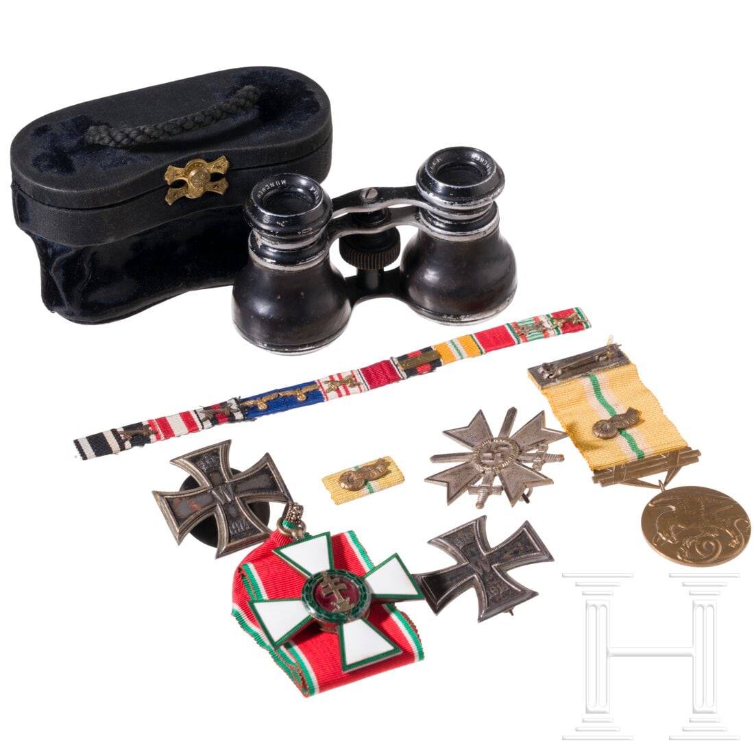 A grouping of an officer serving in both world wars, recipient of the Hungarian Order of Merit, with: A grouping of an officer serving in both world wars, recipient of the Hungarian Order of Merit, with a rare variant of the Iron Cross 1914Ungarischer Verdienstorden am Trageband, Kommandeurkreuz, beid
