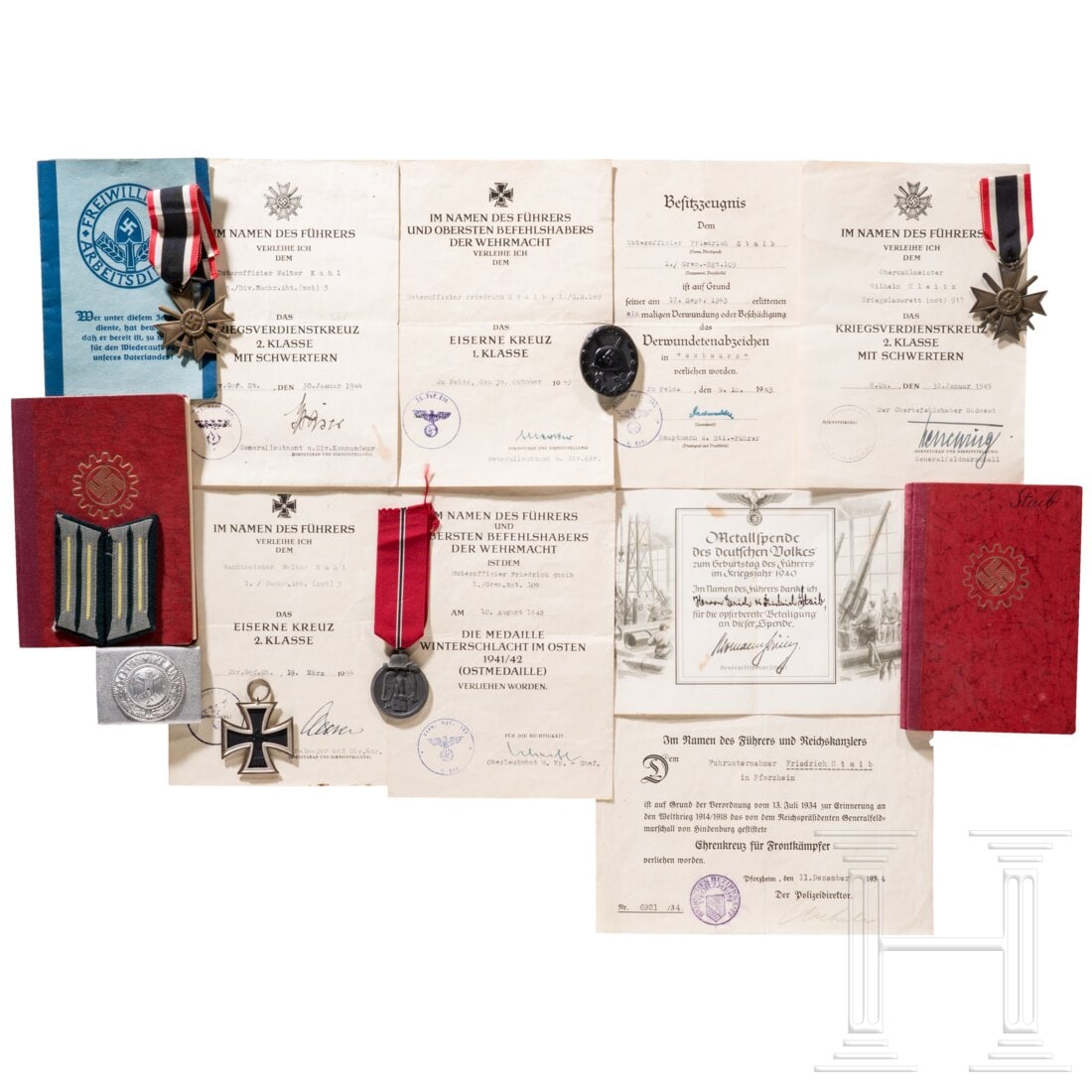 A small collection of medal and document groupings: A small collection of medal and document groupingsNachlass des Wachtmeisters Walter Kahl. Urkunden zum Eisernen Kreuz 2. Klasse 1939 (OU Hans Hecker) und Kriegsverdienstkreuz 2. Klasse mit Schwertern 