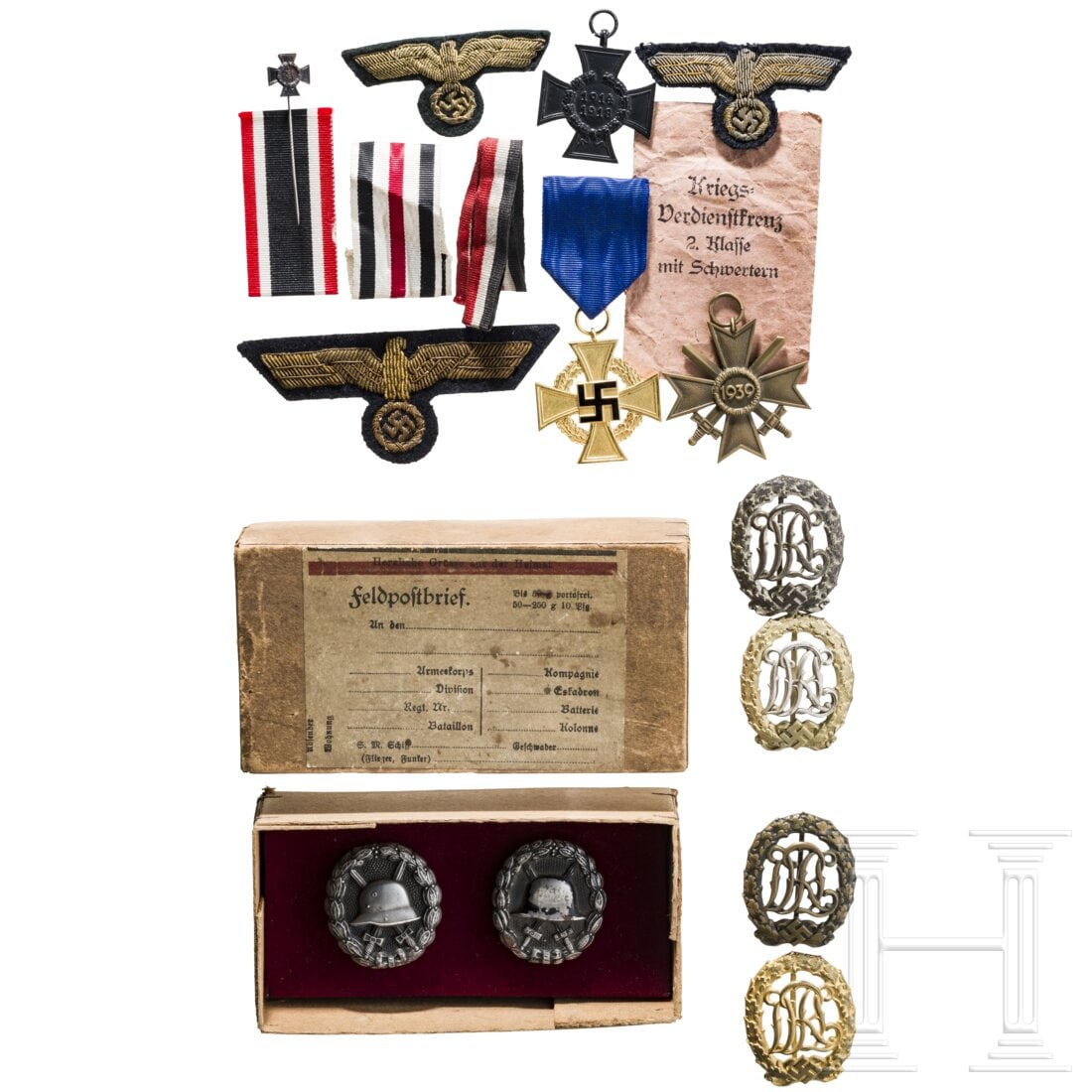 A small group of orders: A small group of ordersDrei Reichssportabzeichen in Bronze, Silber und Gold. Dazu ein nachversilbertes/nachvergoldetes (re-silvered/re-gilded). Treuedienst-Ehrenzeichen für 40 Jahre, ein KVK 2.