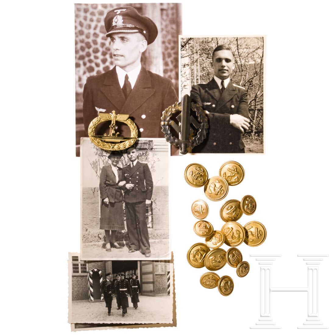 Grouping of an U-boot crew member, with U-boat War Badge by Schwerin-Berlin: Grouping of an U-boot crew member, with U-boat War Badge by Schwerin-BerlinU-Boot Kriegsabzeichen, Buntmetall vergoldet, polierte Kanten, auf der Rückseite der Hersteller "Schwerin Berlin 68", der